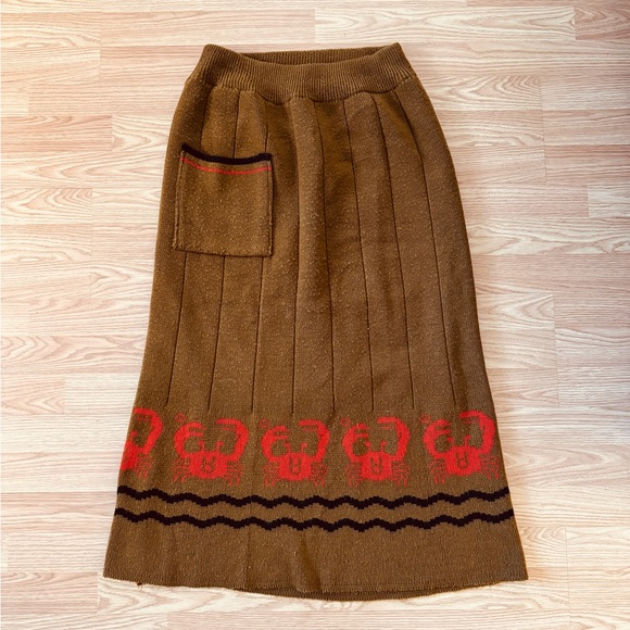 1970s vintage style retro Astrological Zodiac Cancer Crab Brown Knit Midi Skirt - Picture 2 of 8
